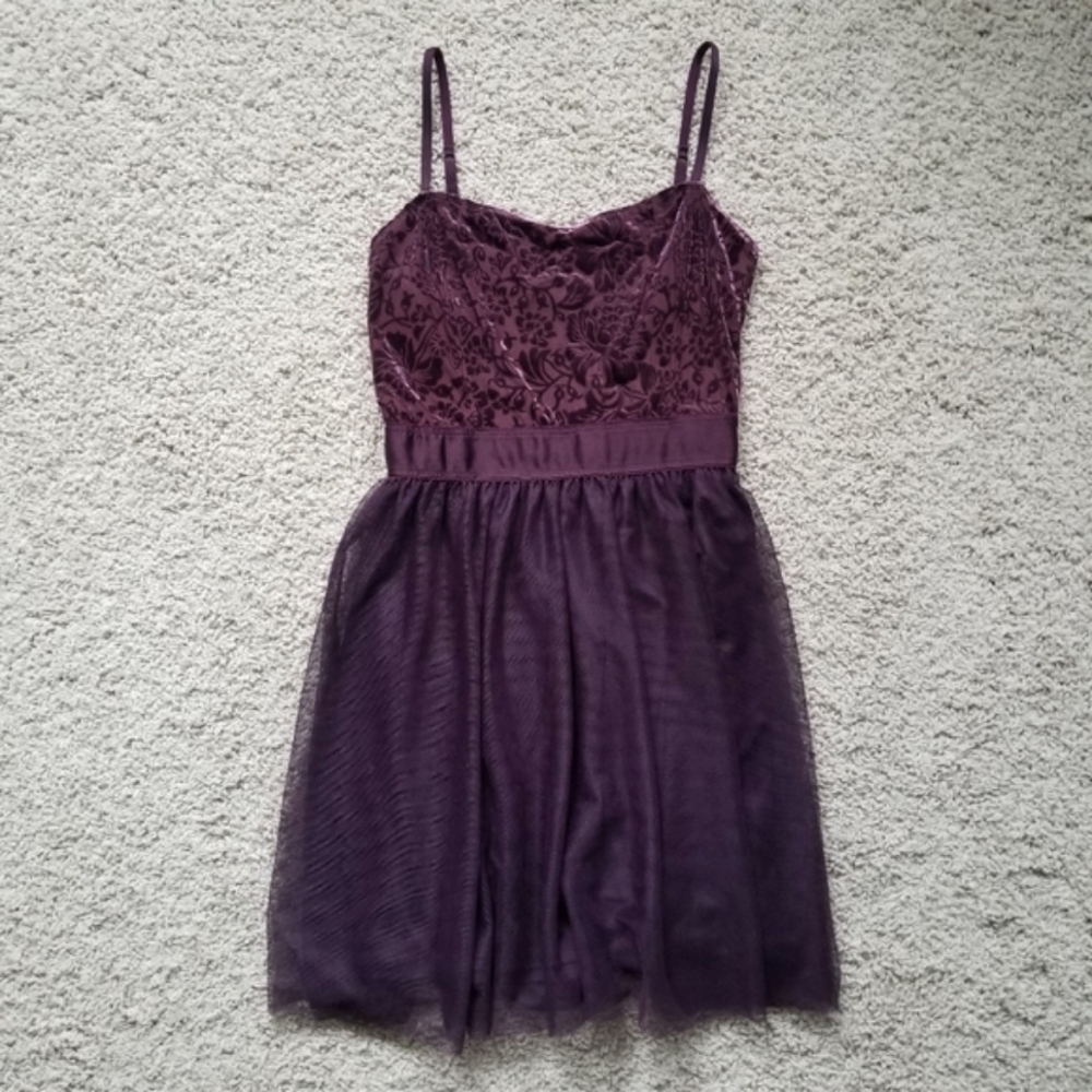 Garage Burnout Velvet & Tulle Mini Dress in Eggplant